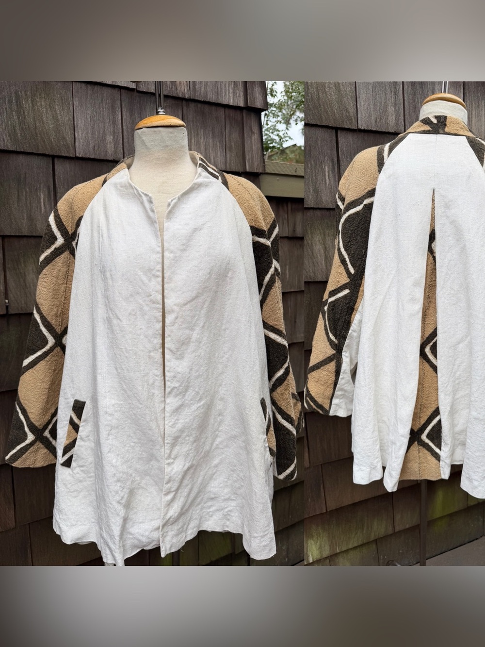 Queen Hneva Hneva linen ivory swing jacket cotton brown tribal print pocket L/XL